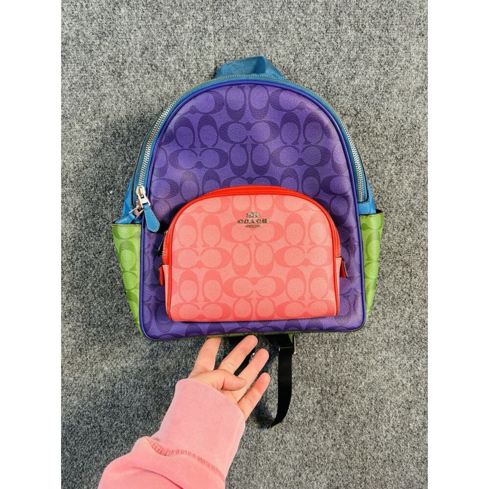Coach RARE CA156 Court Backpack In Rainbow Signature Canvas Multi Hard To Find - Picture 1 of 15